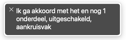 Screenshot van uitvoer VoiceOver met de tekst: Ik ga akkoord met het en nog 1 onderdeel, dat onderdeel is de link.